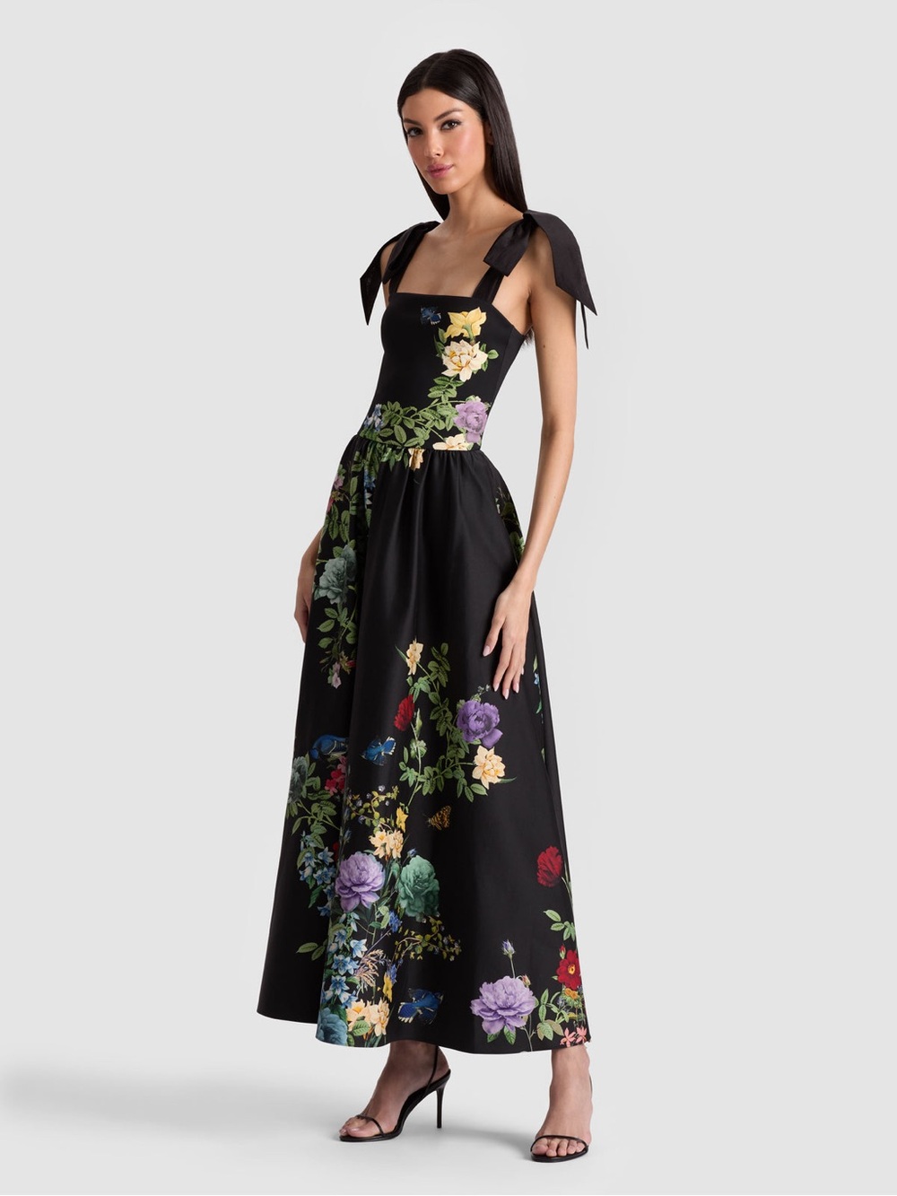 Alice + Olivia Polly Black Floral Bow Strap Maxi Dress
